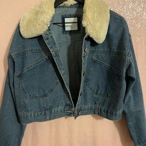 Cropped Blue and Cream Jean Jacket with Sherpa Collar